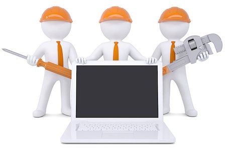 Team 3d humans with tools near the laptop. Isolated render on a white background Stock Photo - Budget Royalty-Free & Subscription, Code: 400-06747048