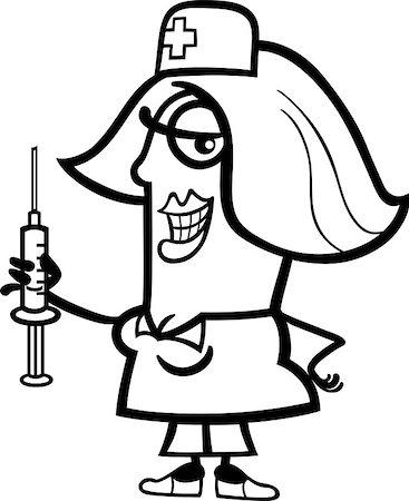 Black and White Cartoon Illustration of Funny Female Nurse with Syringe Profession Occupation for Coloring Book Stock Photo - Budget Royalty-Free & Subscription, Code: 400-06747700