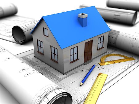 simsearch:400-06424061,k - 3d illustration of house model over blueprints Stock Photo - Budget Royalty-Free & Subscription, Code: 400-06740132