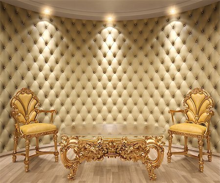 designs of the 3d decor classic - luxurious interior with leather walls and classical furniture of gold. Stock Photo - Budget Royalty-Free & Subscription, Code: 400-06740482