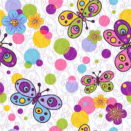 polka dot butterfly - Seamless spring vivid floral pattern with colorful vintage butterflies and balls and curls (vector EPS 10) Stock Photo - Budget Royalty-Free & Subscription, Code: 400-06742234