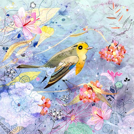 robin - bright beautiful floral and berry with a bird on a blue background Stock Photo - Budget Royalty-Free & Subscription, Code: 400-06742858