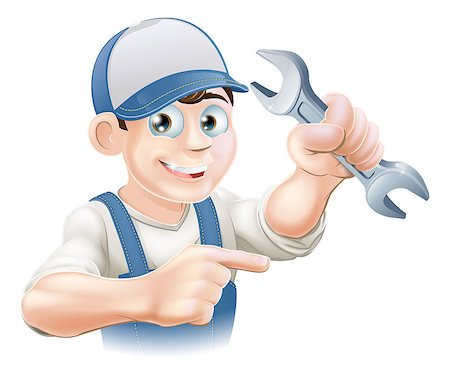 engineers hat cartoon - A plumber, mechanic or engineer in overalls pointing and holding a spanner or wrench Stock Photo - Budget Royalty-Free & Subscription, Code: 400-06751067