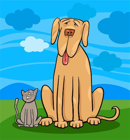 simsearch:400-04214443,k - Cartoon Illustration of Cute Small Cat and Funny Big Dog or Great Dane in Friendship and Rural Scene Stock Photo - Budget Royalty-Free & Subscription, Code: 400-06764434