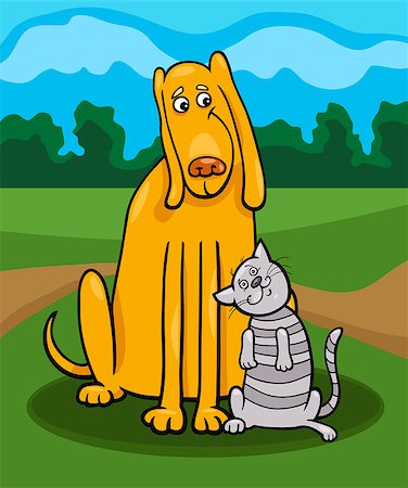 simsearch:400-04214443,k - Cartoon Illustration of Funny Dog and Cute Tabby Cat in Friendship and Rural Scene Stock Photo - Budget Royalty-Free & Subscription, Code: 400-06764435