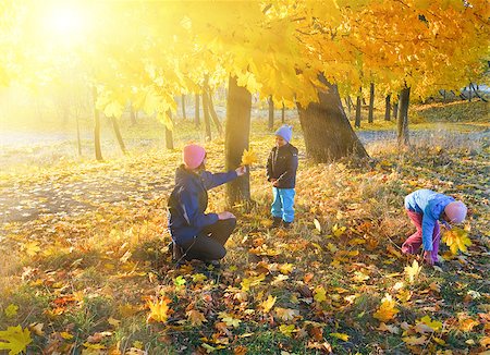 Happy family (mother with small children) walking in golden maple autumn park and sunshine behind the tree foliage Stock Photo - Budget Royalty-Free & Subscription, Code: 400-06766945