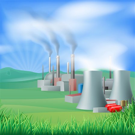 fuel conservation - Illustration of a power plant generating power and electricity. Could be fossil fuel or other plant with chimneys and cooling towers, e.g. geothermal Stock Photo - Budget Royalty-Free & Subscription, Code: 400-06767684