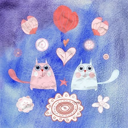 simsearch:400-06929001,k - funny love cats on a blue watercolor background Stock Photo - Budget Royalty-Free & Subscription, Code: 400-06768475