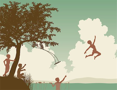 Editable vector illustration of young boys leaping off a tree swing into a lake or river Stock Photo - Budget Royalty-Free & Subscription, Code: 400-06769138