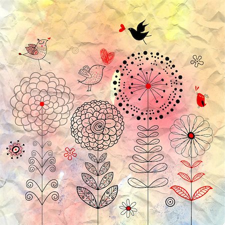 simsearch:400-06929001,k - graphic beautiful flowers and birds in love on watercolor background Stock Photo - Budget Royalty-Free & Subscription, Code: 400-06769980