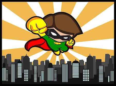 a cartoon illustration of a flying little superhero defend the city Stock Photo - Budget Royalty-Free & Subscription, Code: 400-06762167