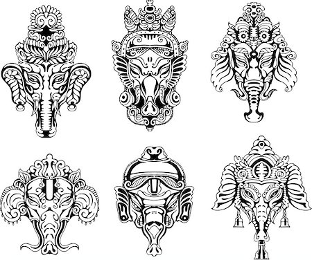 elephant god - Symmetric Ganesha masks. Set of black and white vector illustrations. Stock Photo - Budget Royalty-Free & Subscription, Code: 400-06762295