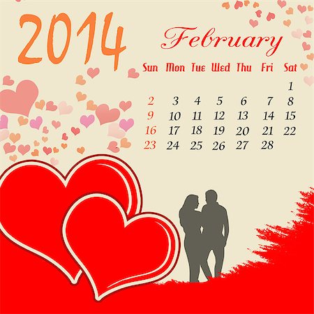 Calendar for 2014 February with hearts and lovers silhouette, vector illustration Stock Photo - Budget Royalty-Free & Subscription, Code: 400-06763732