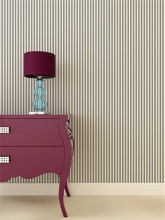 designs of the 3d decor classic - Interior composition in Art Deco style, which consists of a purple dresser and a desk lamp with a blue base on the background of striped wallpaper in black and white color Stock Photo - Budget Royalty-Free & Subscription, Code: 400-06771312