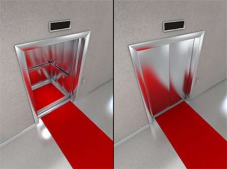 simsearch:400-04317268,k - Elevator with red carpet. Two images one with opened doors and one with closed elevator doors. Stock Photo - Budget Royalty-Free & Subscription, Code: 400-06771666