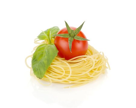 simsearch:400-06796273,k - Cherry tomato, basil and pasta. Isolated on white background Stock Photo - Budget Royalty-Free & Subscription, Code: 400-06772169