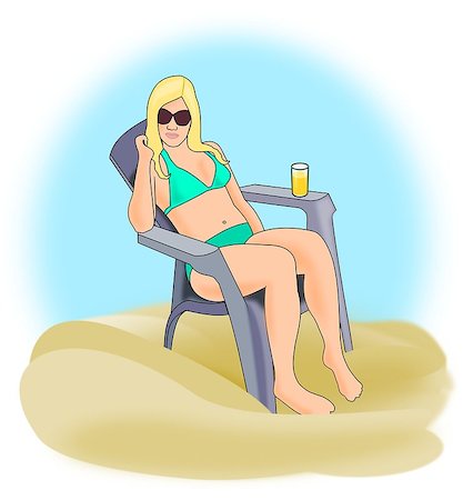 simsearch:628-00919176,k - A blonde girl in a      turquoise green      bikini  sitting and     relaxing  with a     glass of  juice  or     soda. Stock Photo - Budget Royalty-Free & Subscription, Code: 400-06787746