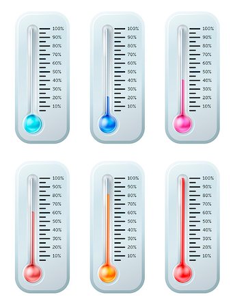 A series of thermometers with the colour of the liquid turning warmer as temperature increases or target or goal is reached. Starts off blue through to red. Stock Photo - Budget Royalty-Free & Subscription, Code: 400-06787760