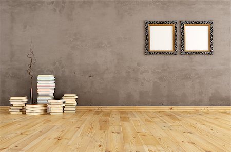 empty old living room - Empty interior with books on a wooden floor against a grunge wall Stock Photo - Budget Royalty-Free & Subscription, Code: 400-06789594