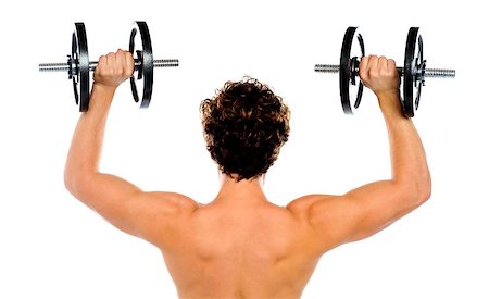 simsearch:400-06482604,k - Rear view of a young male bodybuilder doing heavy weight exercise with dumbbells Stock Photo - Budget Royalty-Free & Subscription, Code: 400-06795496