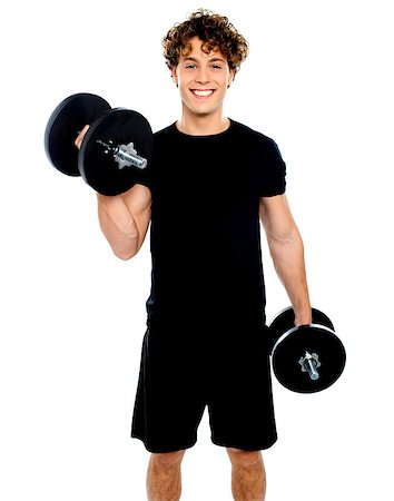 simsearch:400-06482604,k - Muscular man doing exercise using bumbbells against white background Stock Photo - Budget Royalty-Free & Subscription, Code: 400-06795497