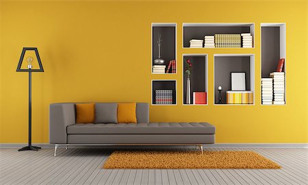 simsearch:400-07513835,k - Colorful living room with sofa and niches used as a bookcase - rendering Foto de stock - Super Valor sin royalties y Suscripción, Código: 400-06795752