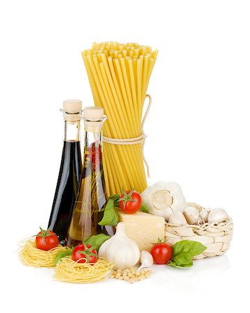 simsearch:400-06796273,k - Pasta, tomatoes, basil, olive oil, vinegar, garlic and parmesan cheese. Isolated on white background Stock Photo - Budget Royalty-Free & Subscription, Code: 400-06796265
