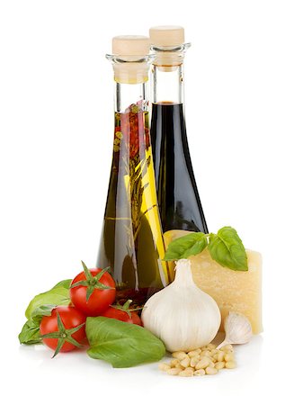 simsearch:400-06796273,k - Tomatoes, basil, olive oil, vinegar, garlic and parmesan cheese. Isolated on white background Stock Photo - Budget Royalty-Free & Subscription, Code: 400-06796268