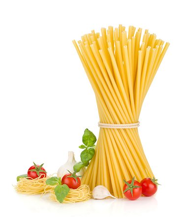simsearch:400-06796273,k - Pasta, tomatoes, basil and garlic. Isolated on white background Stock Photo - Budget Royalty-Free & Subscription, Code: 400-06796260
