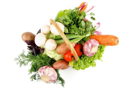 simsearch:400-06864386,k - Basket of Various Vegetables with Greens, Bell Pepper, Carrot, Onion, Garlic, Parsley, Potato, Tomatoes, Cabbage, Basil and Edible Mushrooms isolated on white background. Top View Stock Photo - Budget Royalty-Free & Subscription, Code: 400-06796638