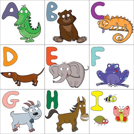 Hand-drawn alphabet with cartoon animals from A to I Stock Photo - Budget Royalty-Free & Subscription, Code: 400-06849067