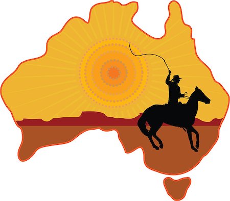 A stylized map of Australia with a silhouette of a rancher or cowboy sitting on a horse with a whip in his hand Stock Photo - Budget Royalty-Free & Subscription, Code: 400-06849517