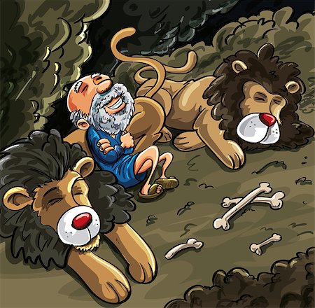 simsearch:400-07329068,k - Daniel in the lions den cartoon. Bones laying about but Daniel is not worried Stock Photo - Budget Royalty-Free & Subscription, Code: 400-06854827