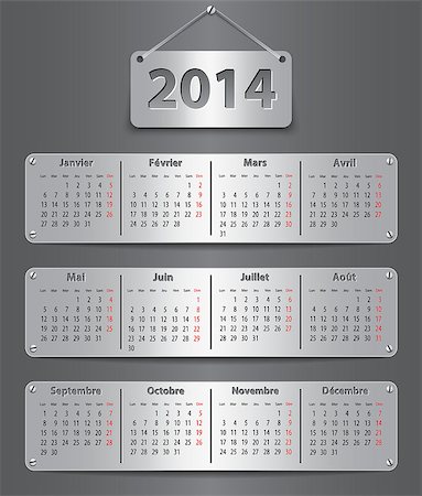 simsearch:400-07215674,k - Calendar for 2014 year in French with attached metallic tablets. Vector illustration Stock Photo - Budget Royalty-Free & Subscription, Code: 400-06855480