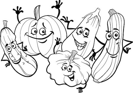 Black and White Cartoon Illustration of Funny Cucurbits Vegetables Food Characters Group for Coloring Book Foto de stock - Super Valor sin royalties y Suscripción, Código: 400-06855960
