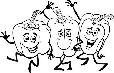 Black and White Cartoon Illustration of Three Funny Peppers Vegetables Food Characters Group for Coloring Book Foto de stock - Super Valor sin royalties y Suscripción, Código: 400-06855972