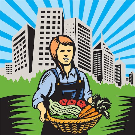 farmhand (female) - Illustration of woman female organic farmer holding basket of crop produce harvest of vegetables tomato carrots beans squash facing front on with office building urban backdrop skyline  in background done in retro wpa woodcut style. Stock Photo - Budget Royalty-Free & Subscription, Code: 400-06857975