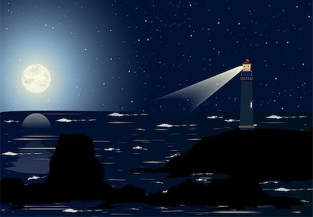 simsearch:400-07405238,k - Lighthouse at night with full moon and stars Foto de stock - Super Valor sin royalties y Suscripción, Código: 400-06852341