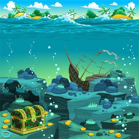 Seascape with treasure and galleon. Vector cartoon illustration Photographie de stock - Aubaine LD & Abonnement, Code: 400-06853319