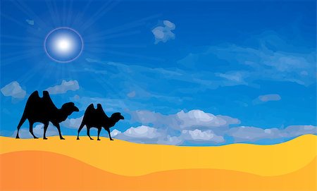 simsearch:400-04121488,k - Vector desert landscape with two silhouettes of camels. On background is blue sky with sun and clouds, sand. Sahara. Foto de stock - Super Valor sin royalties y Suscripción, Código: 400-06853548