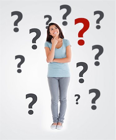 question mark - Happy woman thinking against white background with question marks Stock Photo - Budget Royalty-Free & Subscription, Code: 400-06868465
