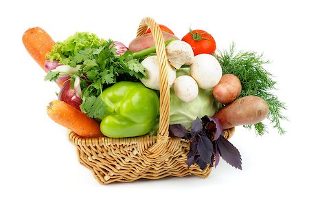 simsearch:400-06864386,k - Basket of Various Vegetables with Green Bell Pepper, Carrots, Lettuce, Onions, Garlic, Parsley, Potato, Tomatoes, Cabbage, Dill, Basil and Edible Mushrooms isolated on white background Stock Photo - Budget Royalty-Free & Subscription, Code: 400-06861946