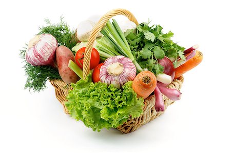 simsearch:400-06864386,k - Basket of Various Vegetables with Lettuce, Spring Onion, Garlic, Parsley, Pink Potato, Tomatoes, Carrot, Dill and Edible Mushrooms isolated on white background Stock Photo - Budget Royalty-Free & Subscription, Code: 400-06861940