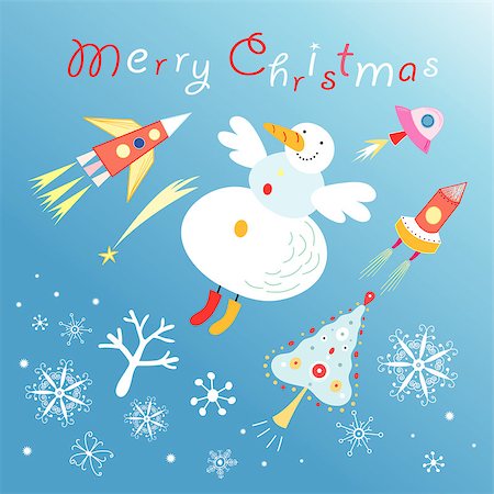 simsearch:400-06870171,k - bright greeting card with a funny snowman and missiles on a blue background with snowflakes Photographie de stock - Aubaine LD & Abonnement, Code: 400-06862120