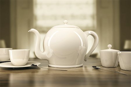 An image of a cream colored teapot and teacups Stock Photo - Budget Royalty-Free & Subscription, Code: 400-06862324