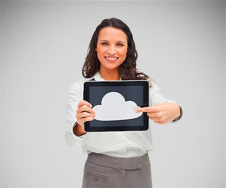 Businesswoman holding a tablet computer smiling with cloud symbol on the screen Stock Photo - Budget Royalty-Free & Subscription, Code: 400-06863981