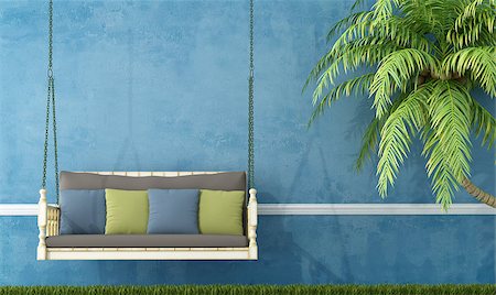 Vintage wooden swing in the garden against blue wall - rendering Stock Photo - Budget Royalty-Free & Subscription, Code: 400-06875009