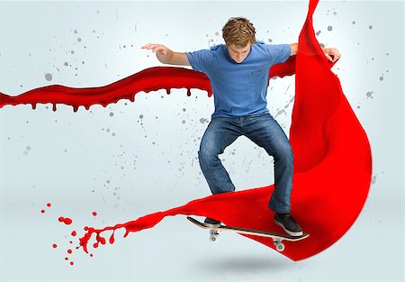 red trail - Skateboarder mid ollie with red paint splash detail on pale blue background Stock Photo - Budget Royalty-Free & Subscription, Code: 400-06877078
