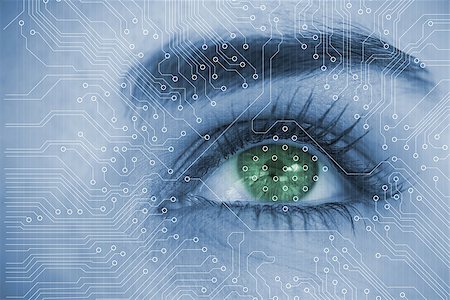 Close up of woman eye analyzing circuit board in blue Stock Photo - Budget Royalty-Free & Subscription, Code: 400-06878328