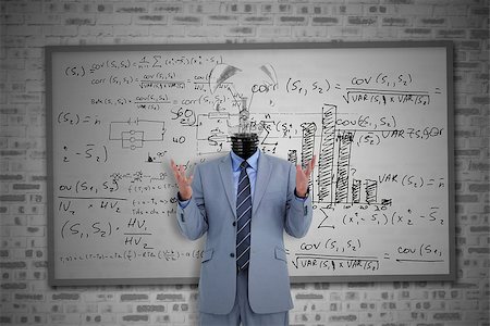 Businessman with broken light bulb head asking question in front of white board of maths Stock Photo - Budget Royalty-Free & Subscription, Code: 400-06878677